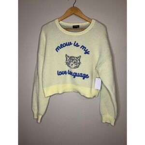 Originality. Pale Yellow Meow Is My Love Language Cat Cropped Sweater